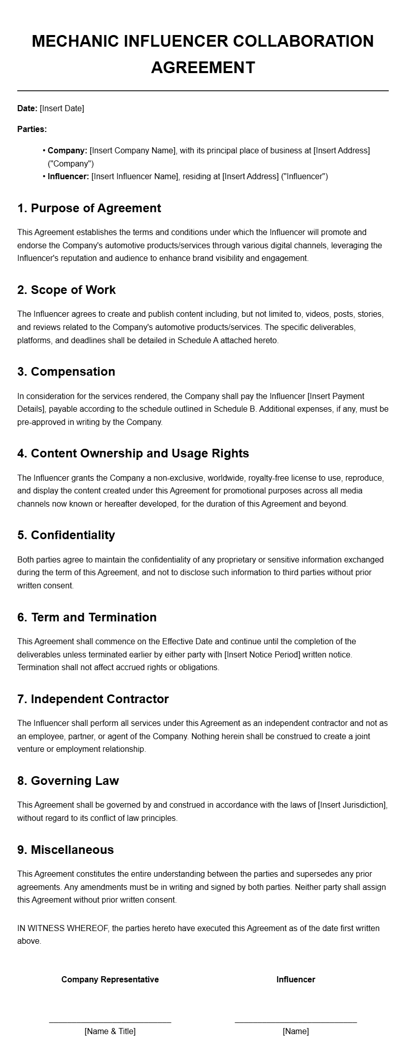 Mechanic Influencer Collaboration Agreement Templates Mechanic Influencer Collaboration Agreement Templates
