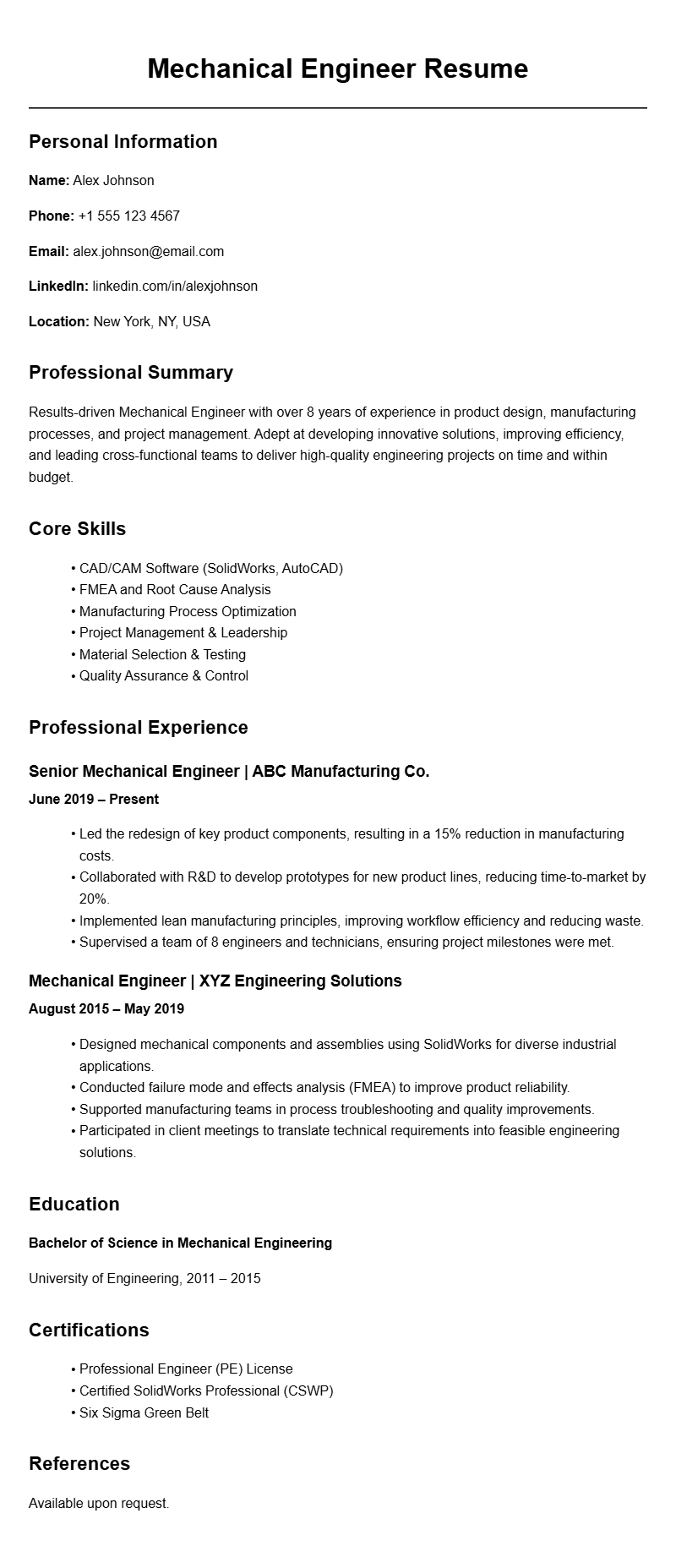 Mechanical Engineer Resume Samples to Showcase Your Skills
