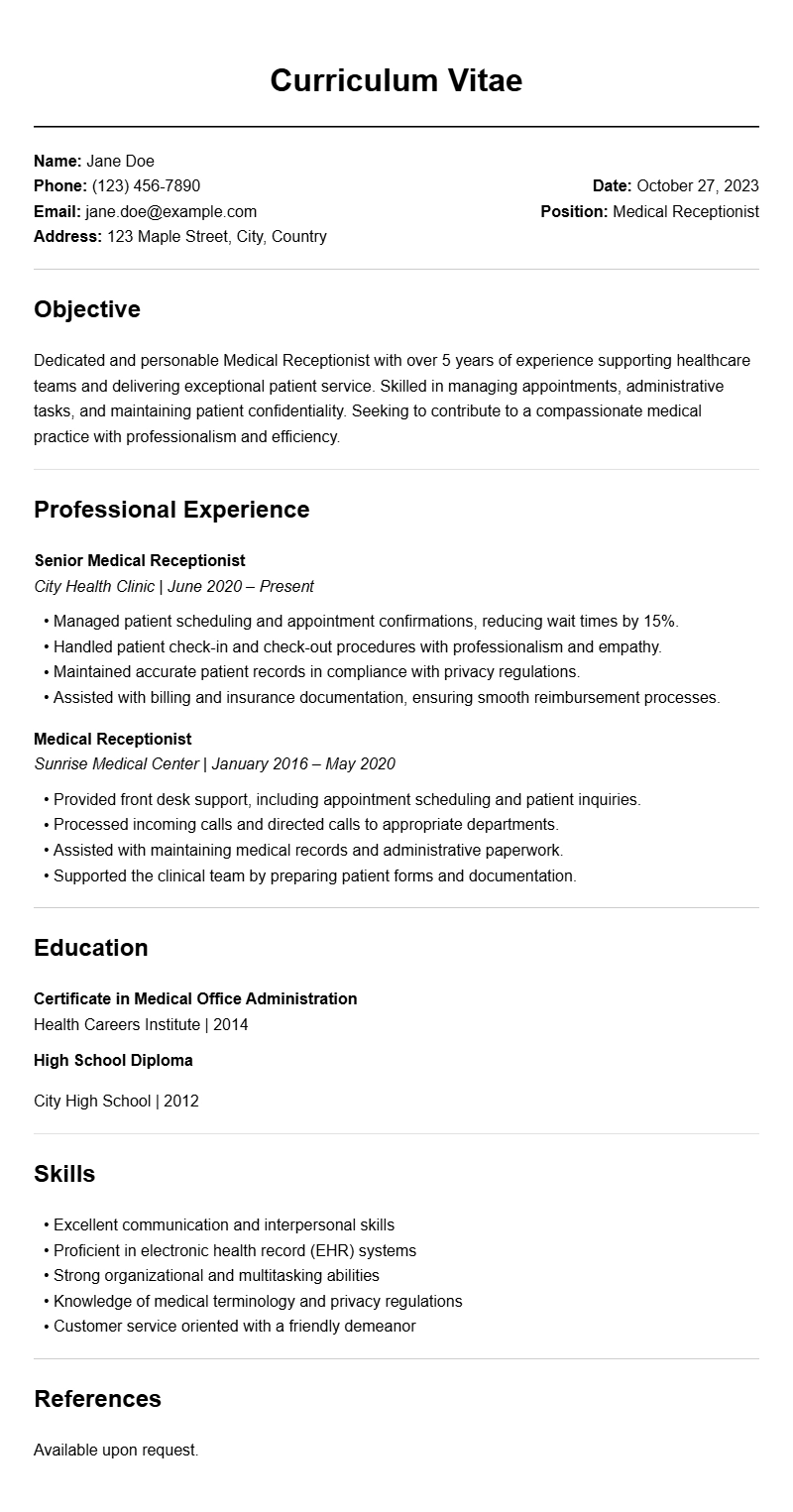 Professional Medical Receptionist Resume Templates for Job Success