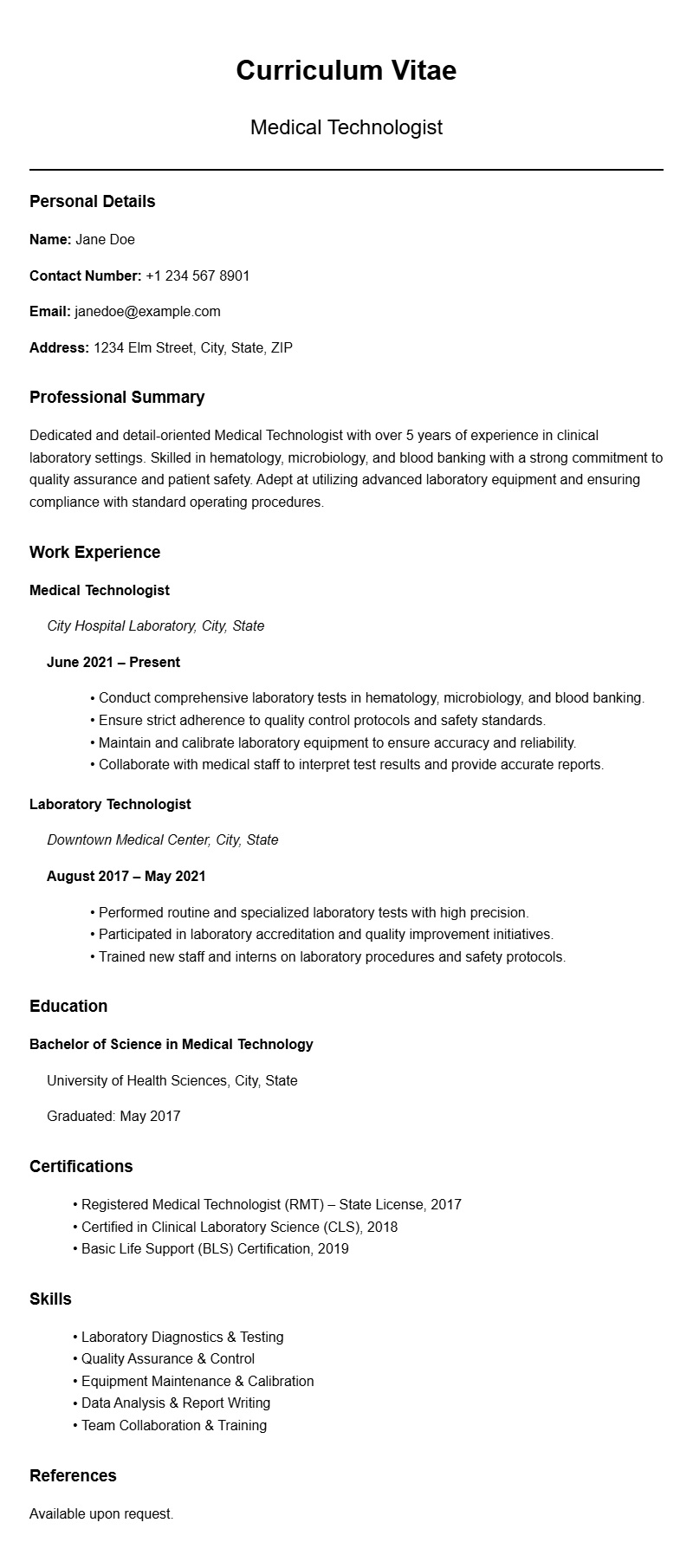 Medical Technologist Resume Templates for a Professional Look