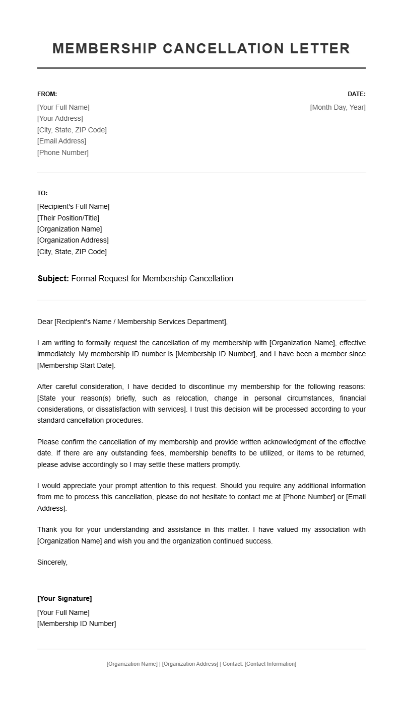 Membership Cancellation Letter Templates – Free & Easy