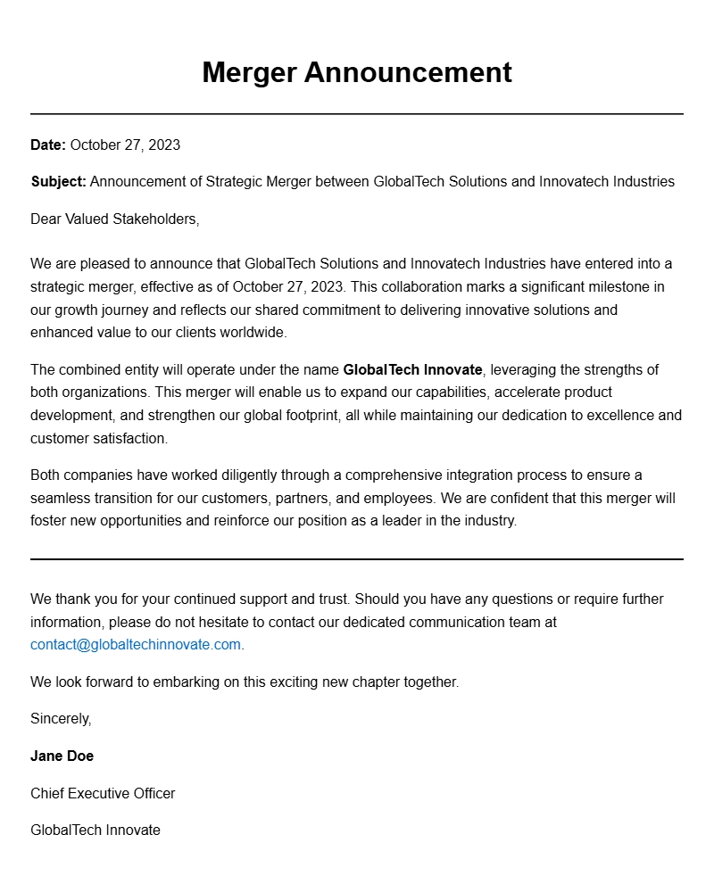 Effective Merger Announcement Letter Samples for Businesses