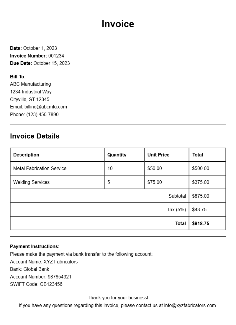 Metal Fabricator Invoice Samples for Your Business Needs