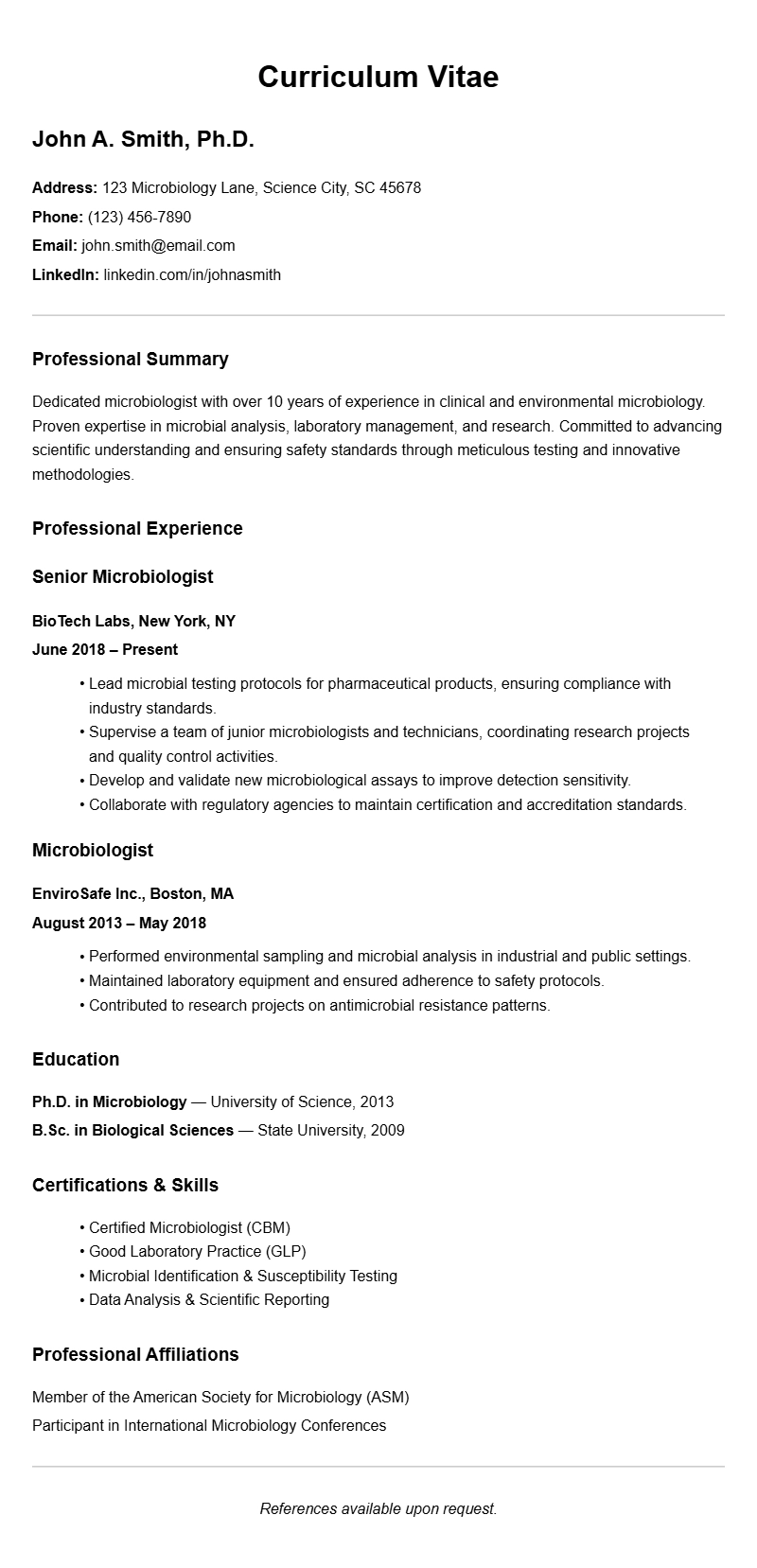 Microbiologist Resume Samples and Example Templates
