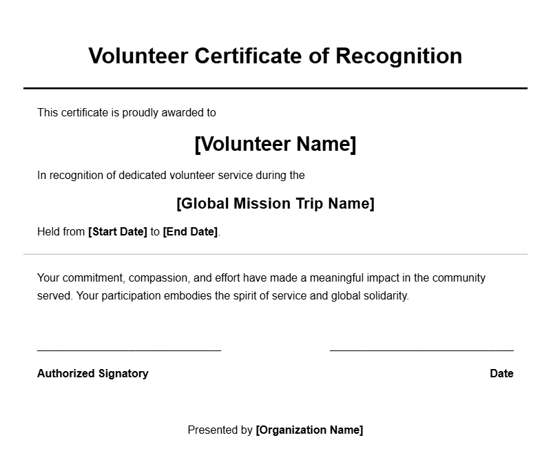 Sample Mission Trip Volunteer Certificates for Recognition