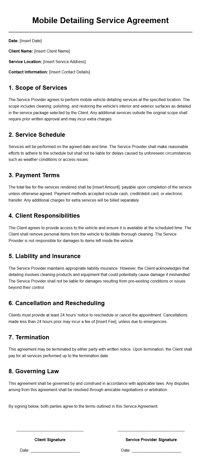 Mobile Detailing Service Agreement Templates for Customers
