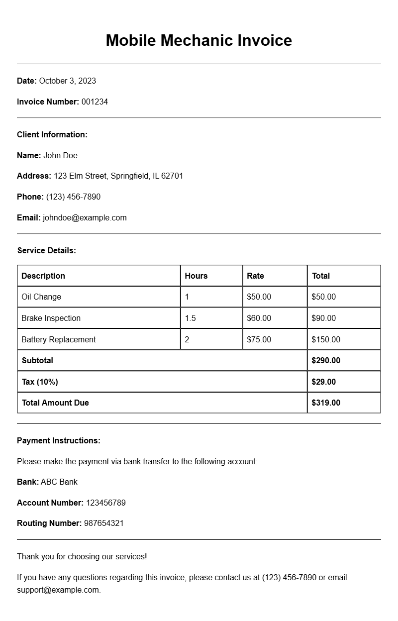 Mobile Mechanic Invoice Samples for Your Business Needs