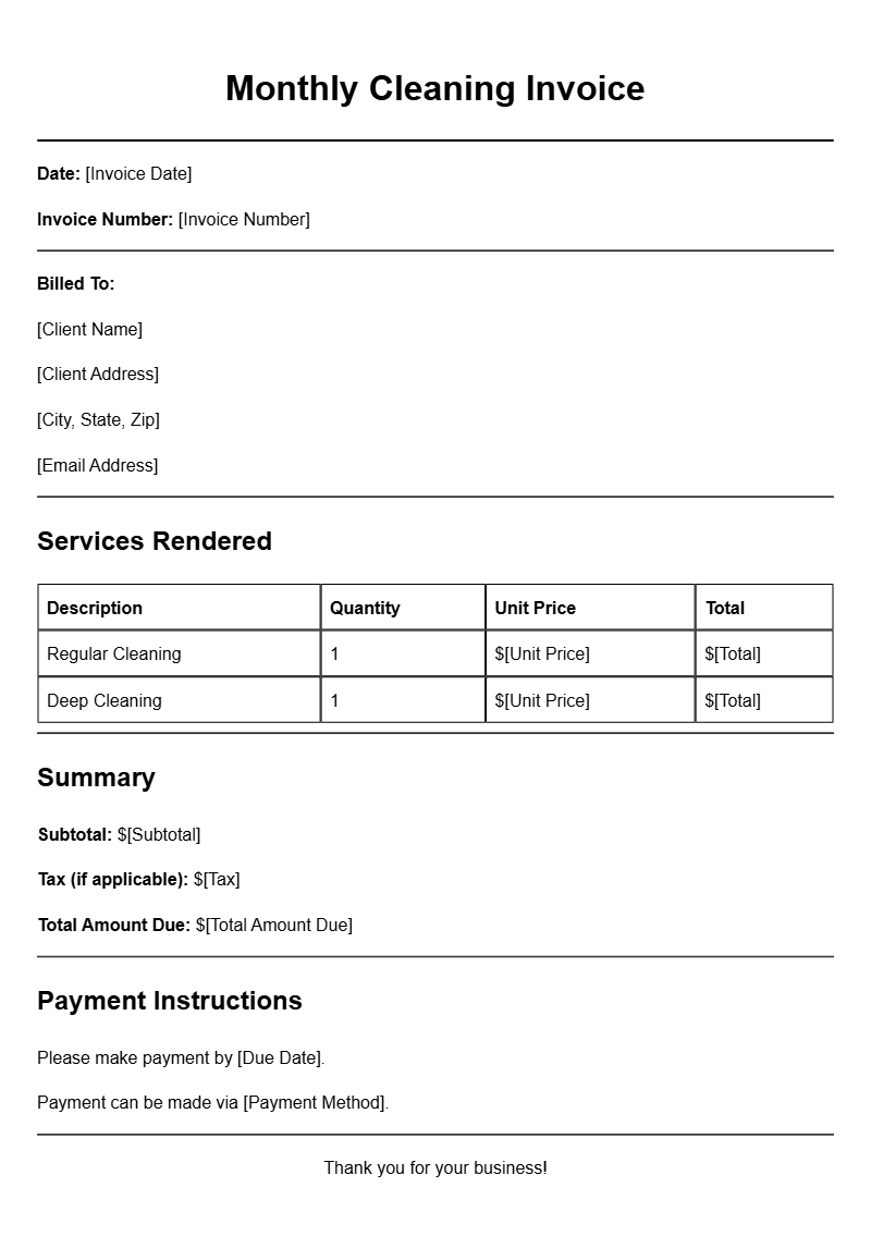 Monthly Cleaning Invoice Templates for Easy Billing
