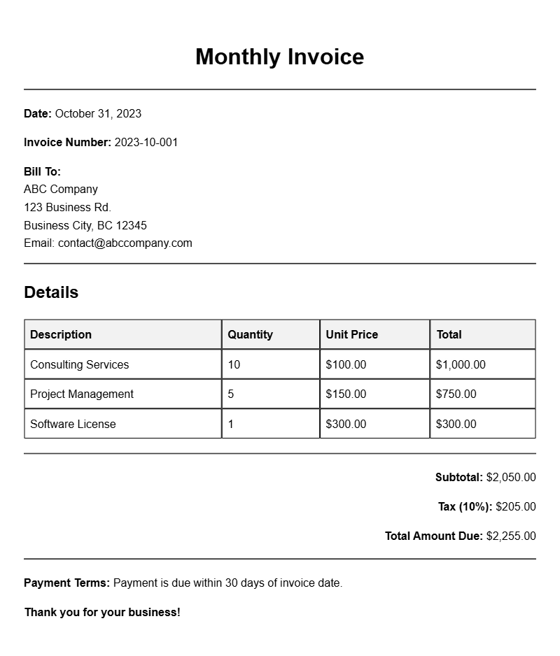 Monthly Invoice Samples for Easy Billing Solutions