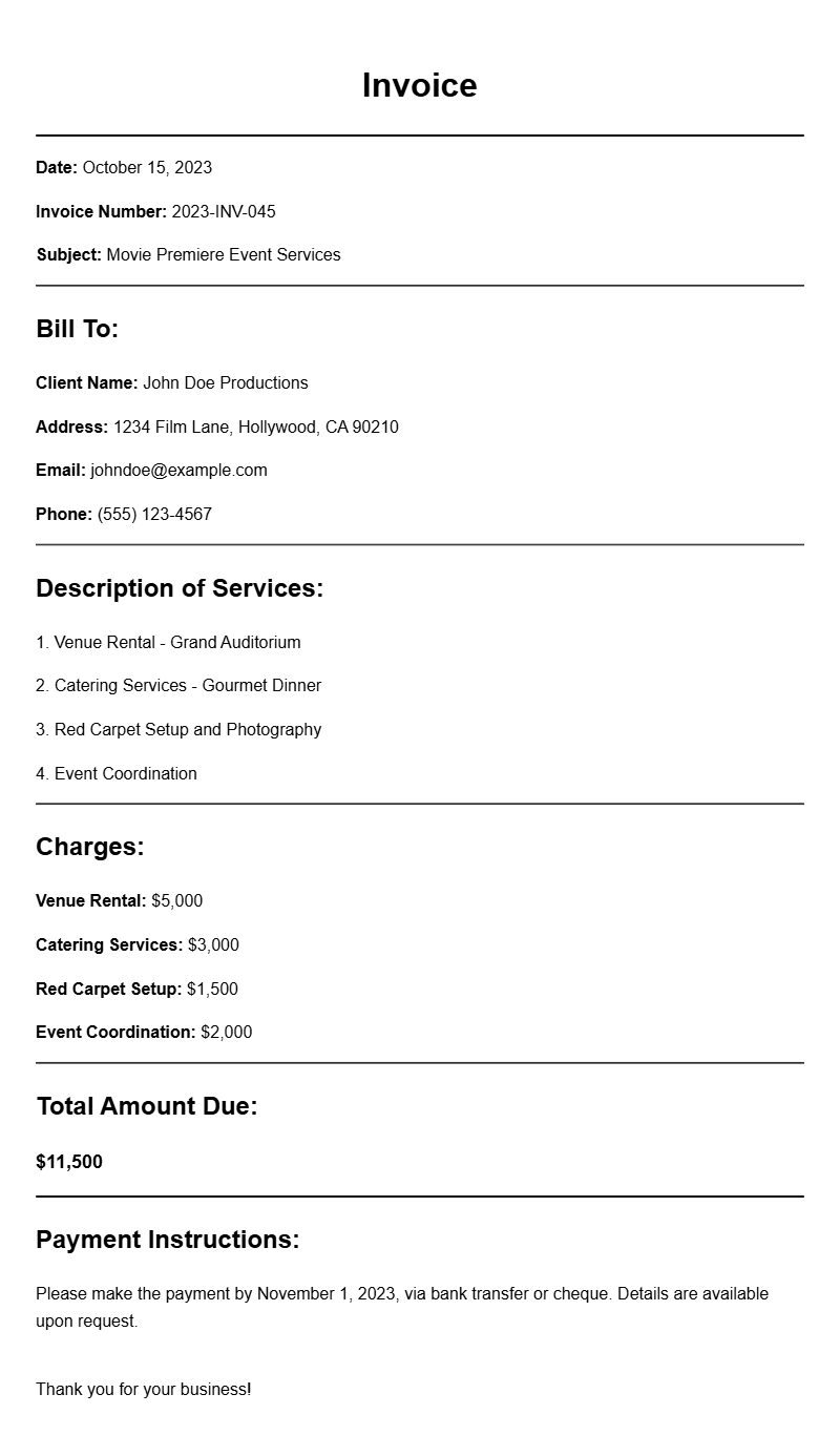 Movie Premiere Invoice Samples for Event Professionals