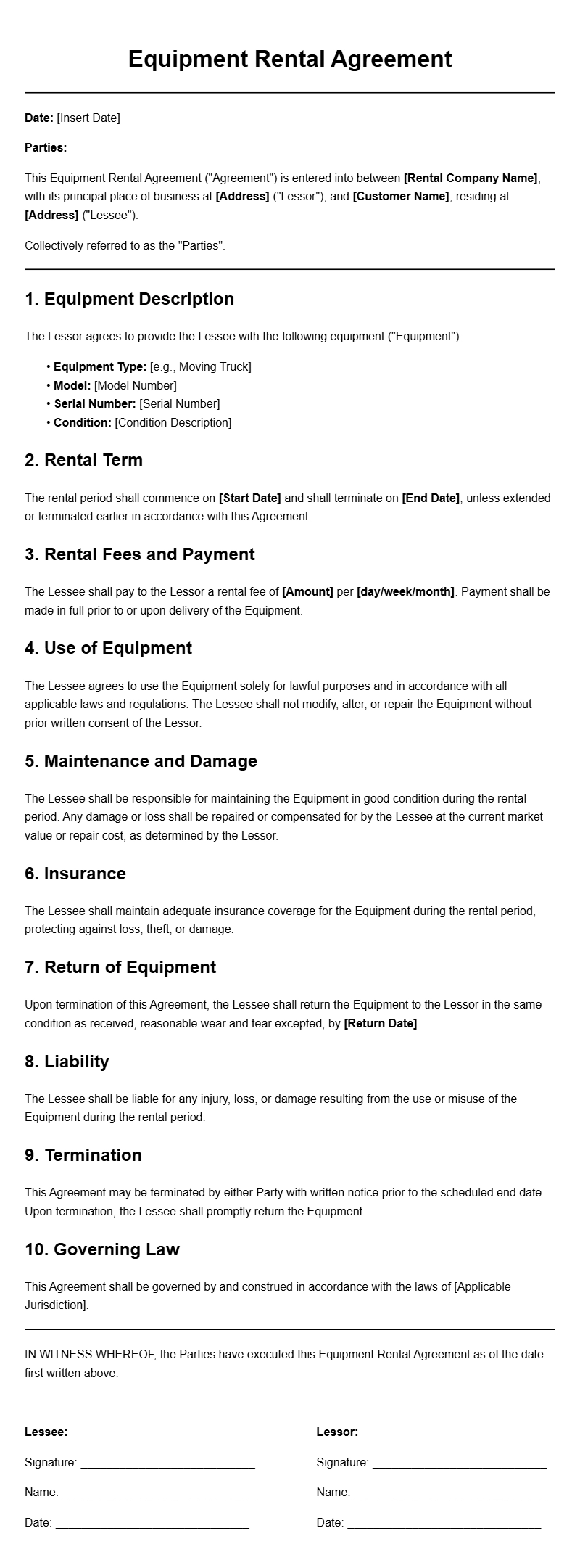 Moving Company Equipment Rental Agreement Templates