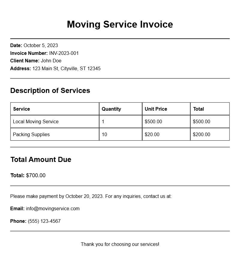 Moving Service Invoice Templates for Easy Billing