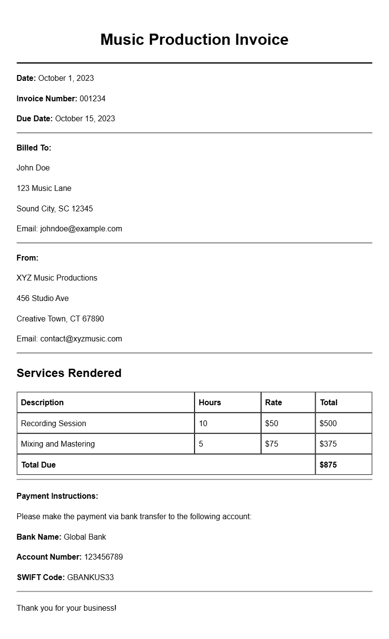 Music Production Invoice Samples for Your Business Needs