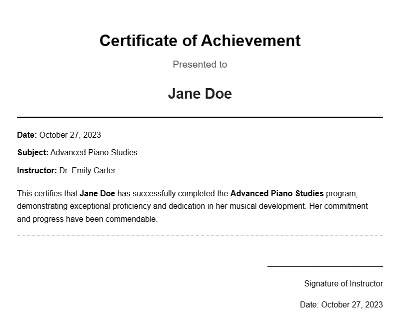 Music Student Certificate Samples for Recognition and Achievement