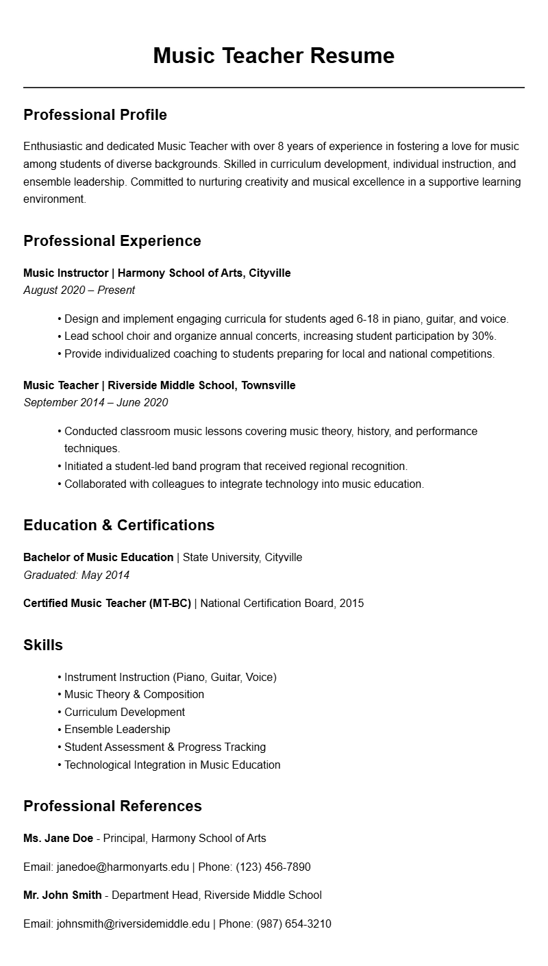 Music Teacher Resume Samples for a Professional Look