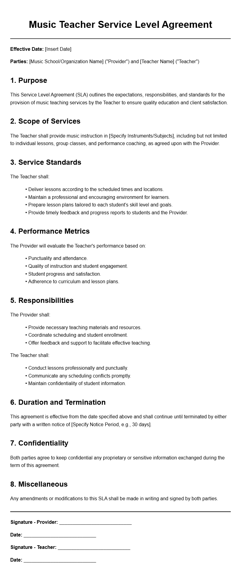 Music Teacher Service Level Agreement Templates