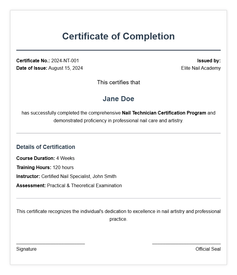 Professional Nail Technician Certificate Templates for Certification