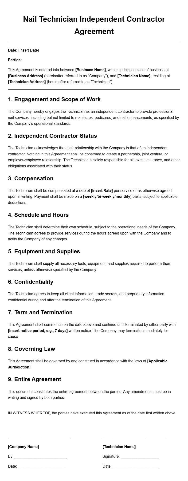 Nail Technician Independent Contractor Agreement Templates
