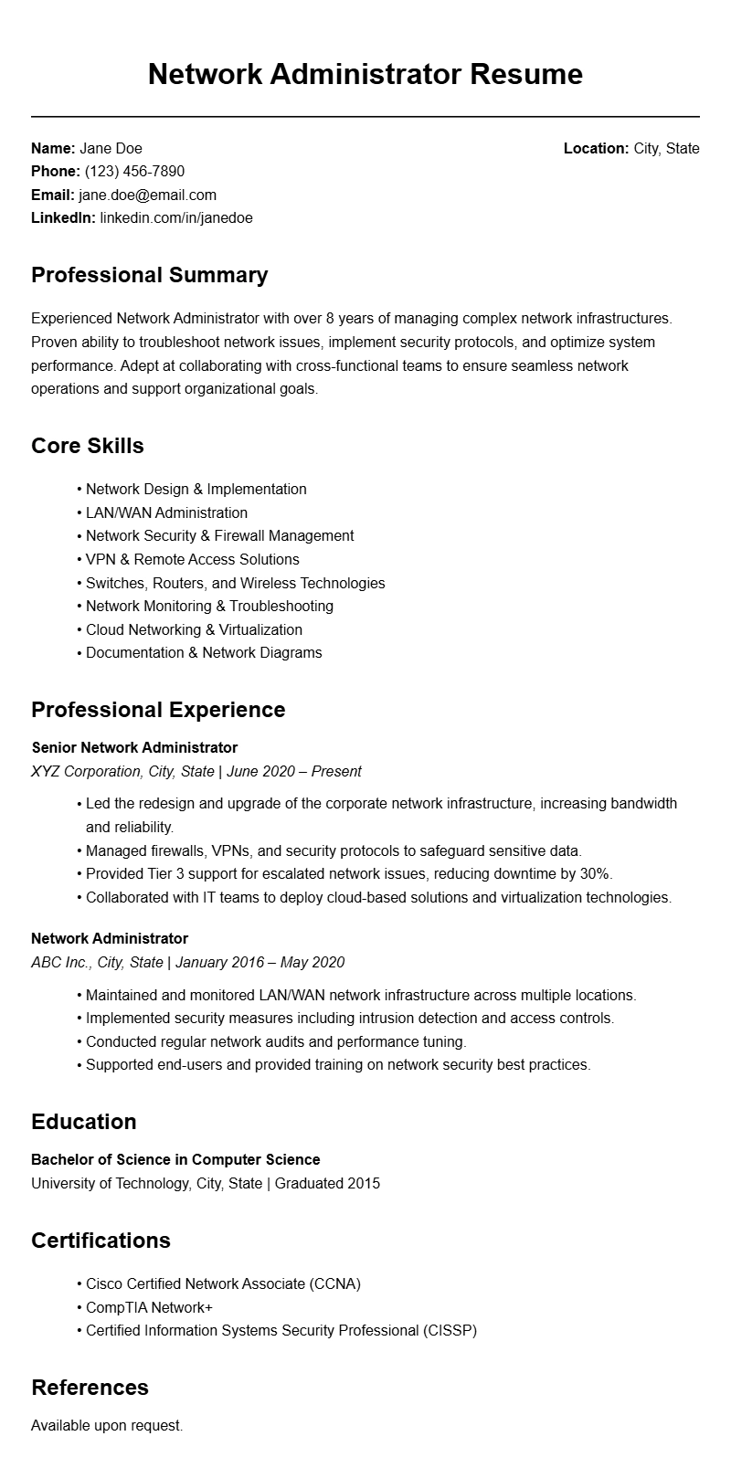 Effective Network Administrator Resume Templates for Your Job Search