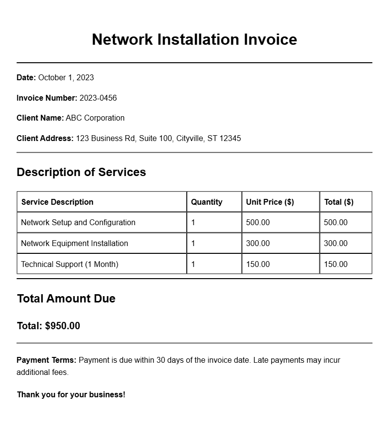 Network Installation Invoice Samples for Your Business Needs