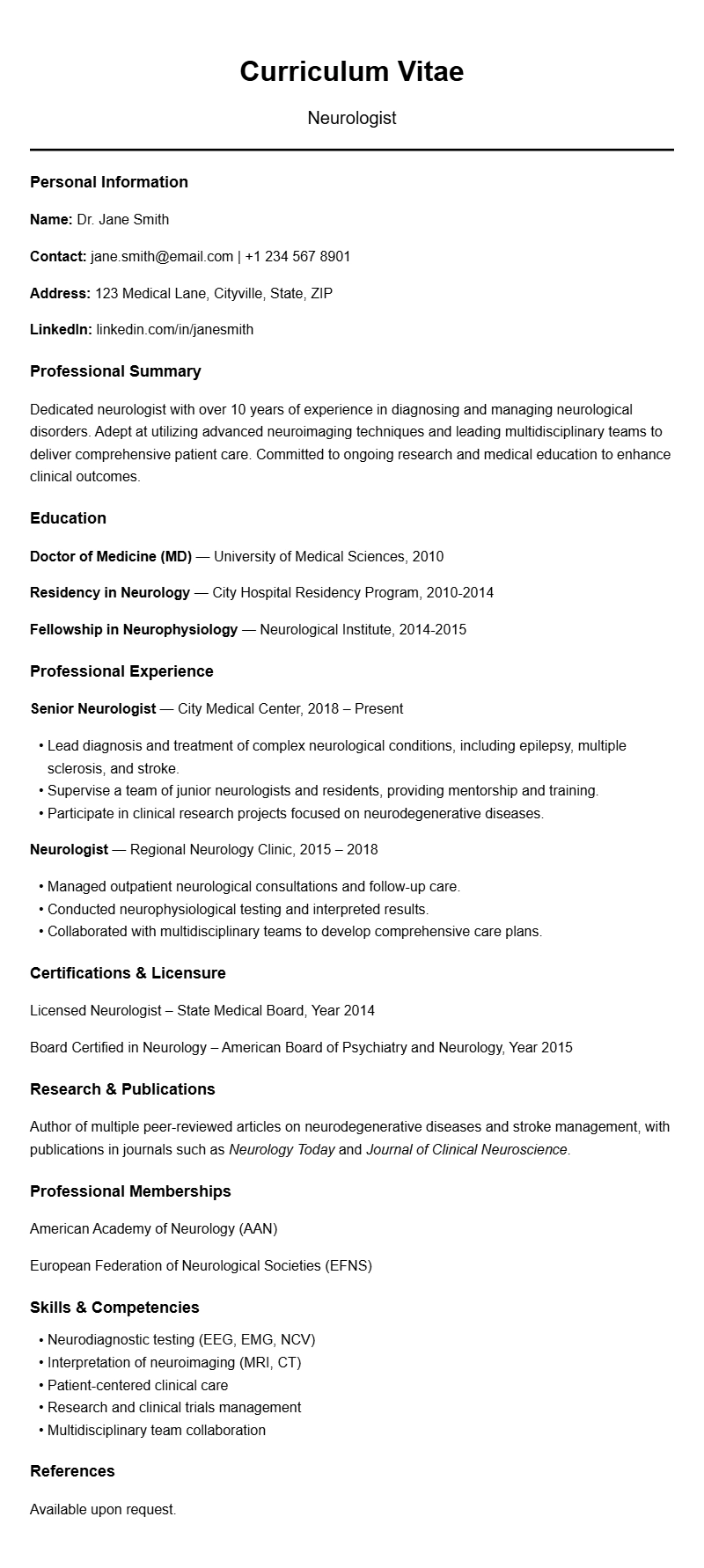 Neurologist Resume Templates for Medical Professionals