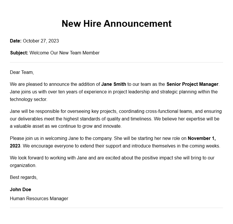 Effective New Hire Announcement Letter Samples