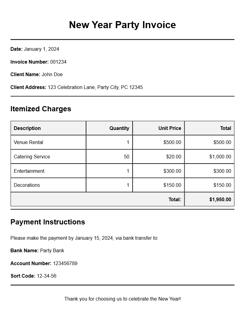 New Year Party Invoice Templates for Easy Planning