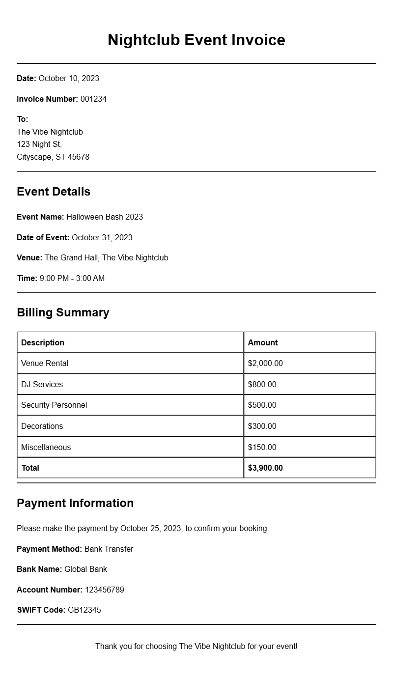 Nightclub Event Invoice Samples for Your Business Needs