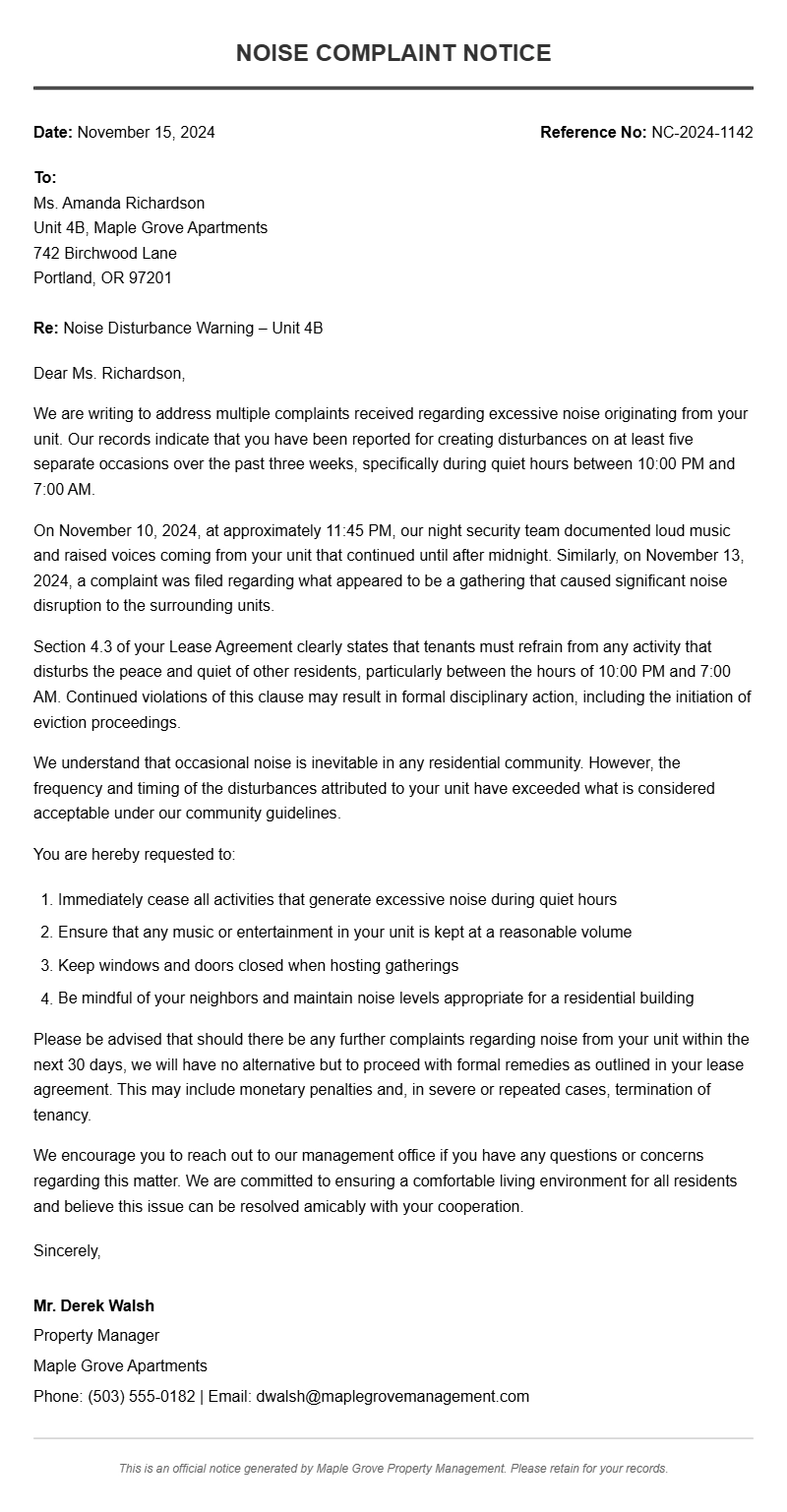 Noise Warning Letter Samples and Templates