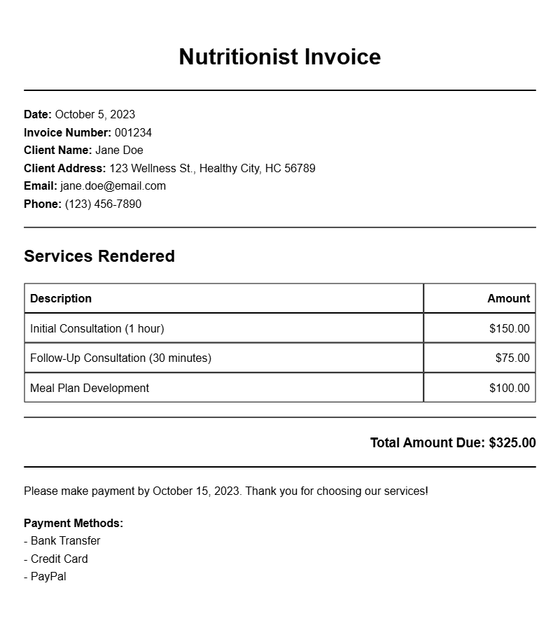 Nutritionist Invoice Samples for Your Practice