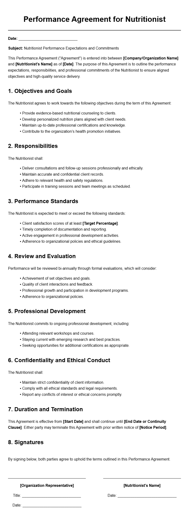 Nutritionist Performance Agreement Templates for Professionals