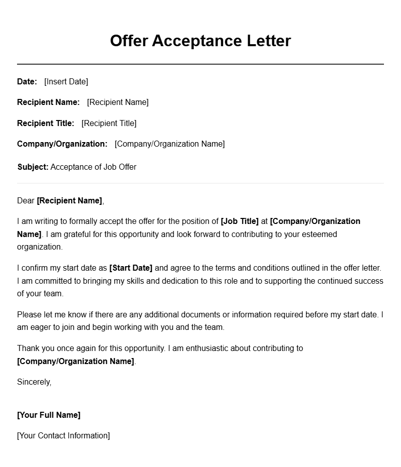 Offer Acceptance Letter Templates for Professionals