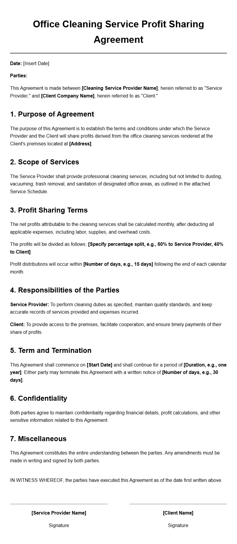 Office Cleaning Service Profit Sharing Agreement Templates