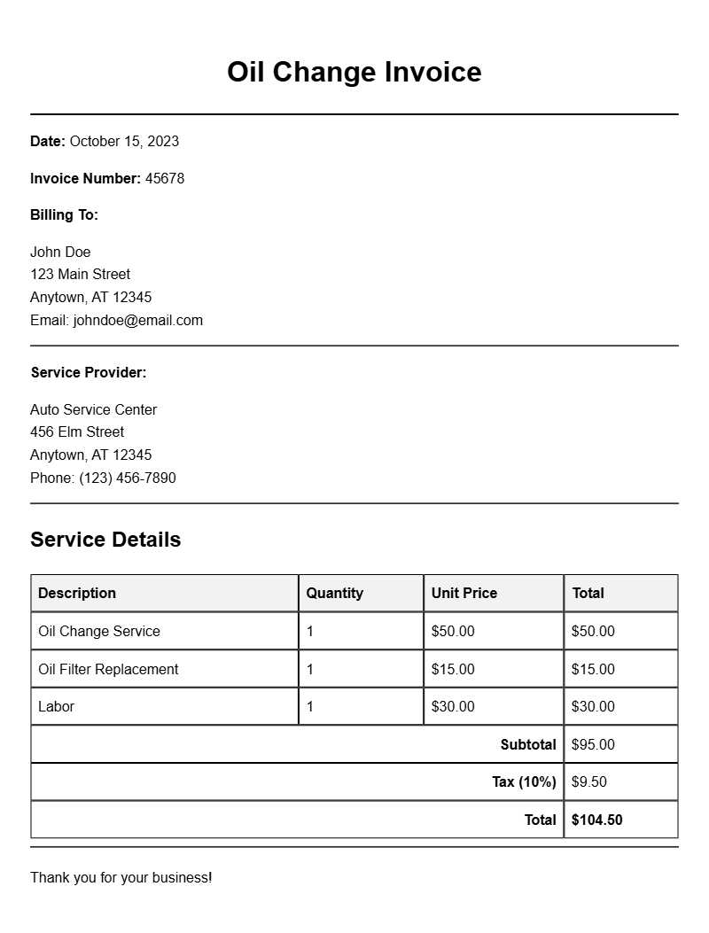 Oil Change Invoice Samples for Your Service Business