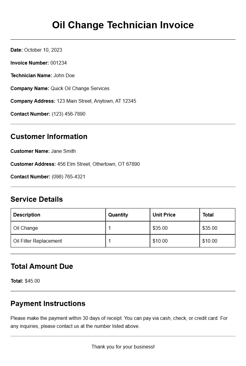 Oil Change Technician Invoice Templates for Your Business