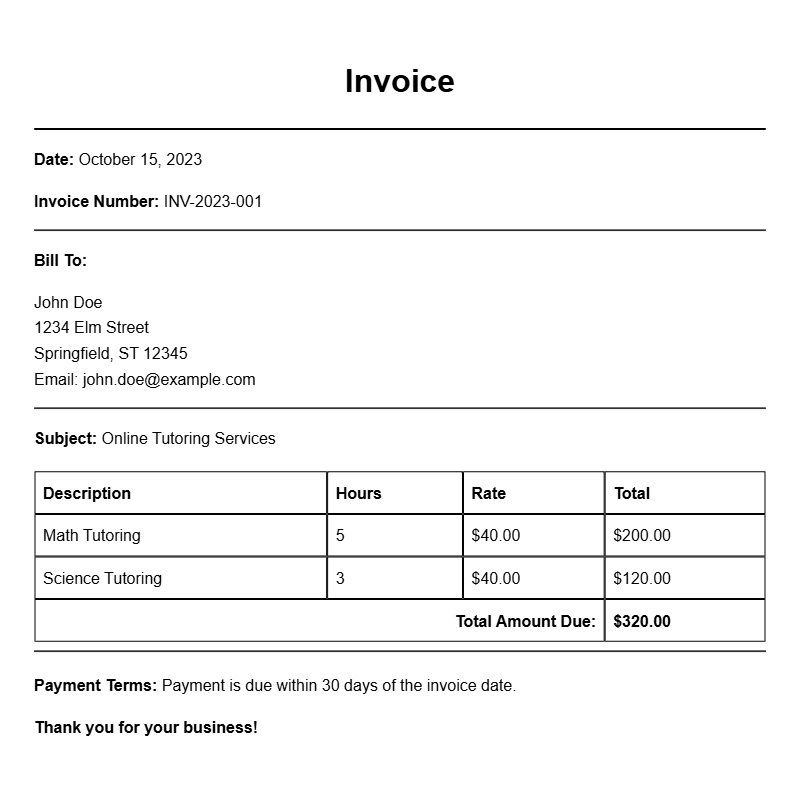 Online Tutor Invoice Samples for Easy Billing