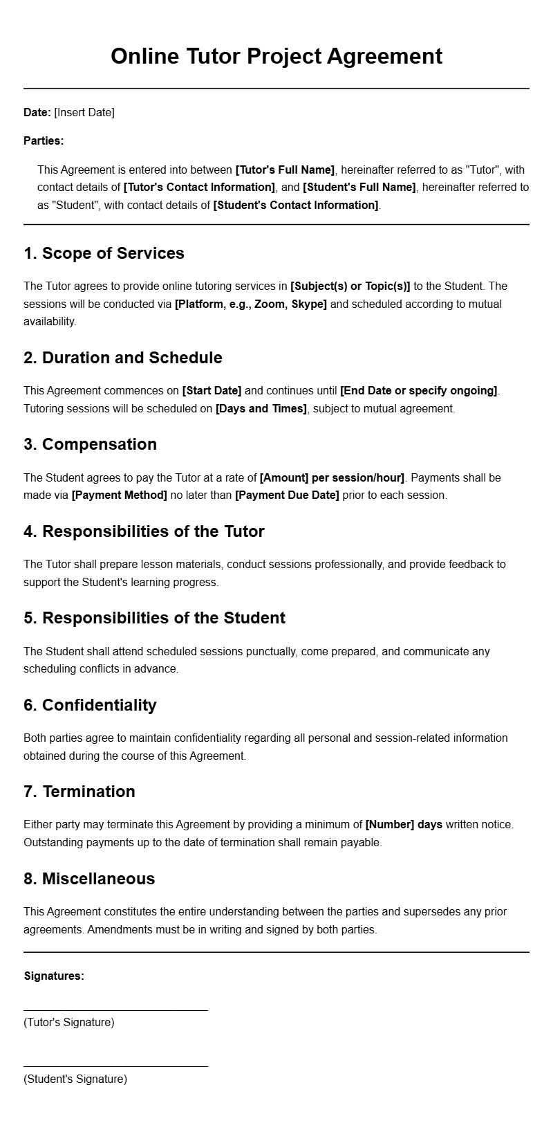 Online Tutor Project Agreement Templates for Smooth Collaboration