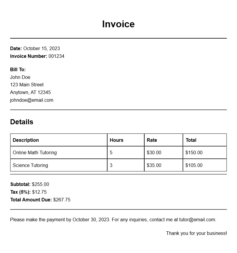 Online Tutoring Invoice Samples for Easy Billing