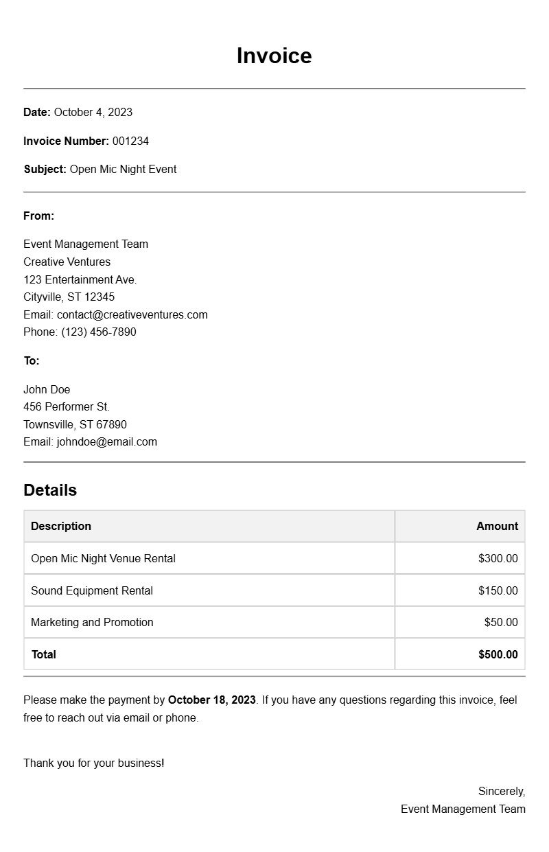 Open Mic Night Invoice Samples for Your Event Planning