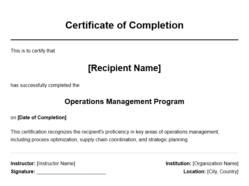 Sample Operations Manager Certificates for Professional Recognition