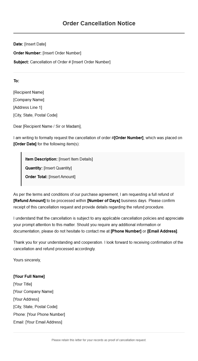 Order Cancellation Letter Templates