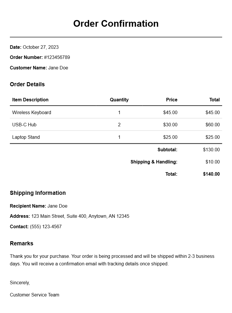 Order Confirmation Letter Templates for Clear Communication