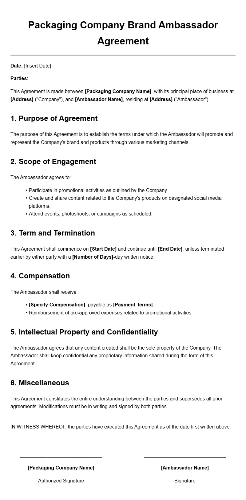 Packaging Company Brand Ambassador Agreement Templates