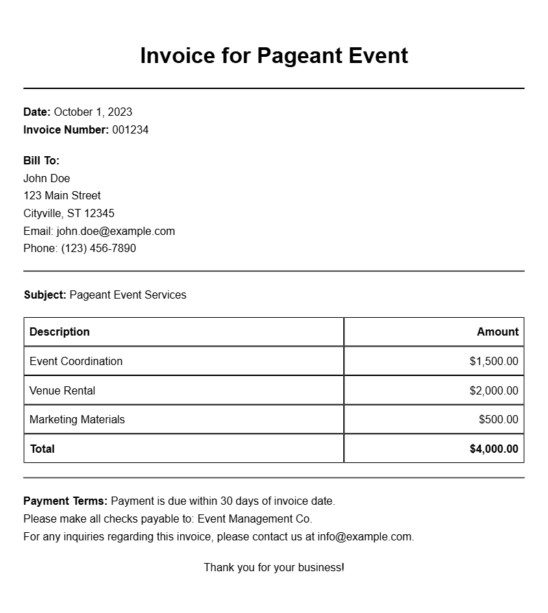 Pageant Event Invoice Templates for Seamless Billing