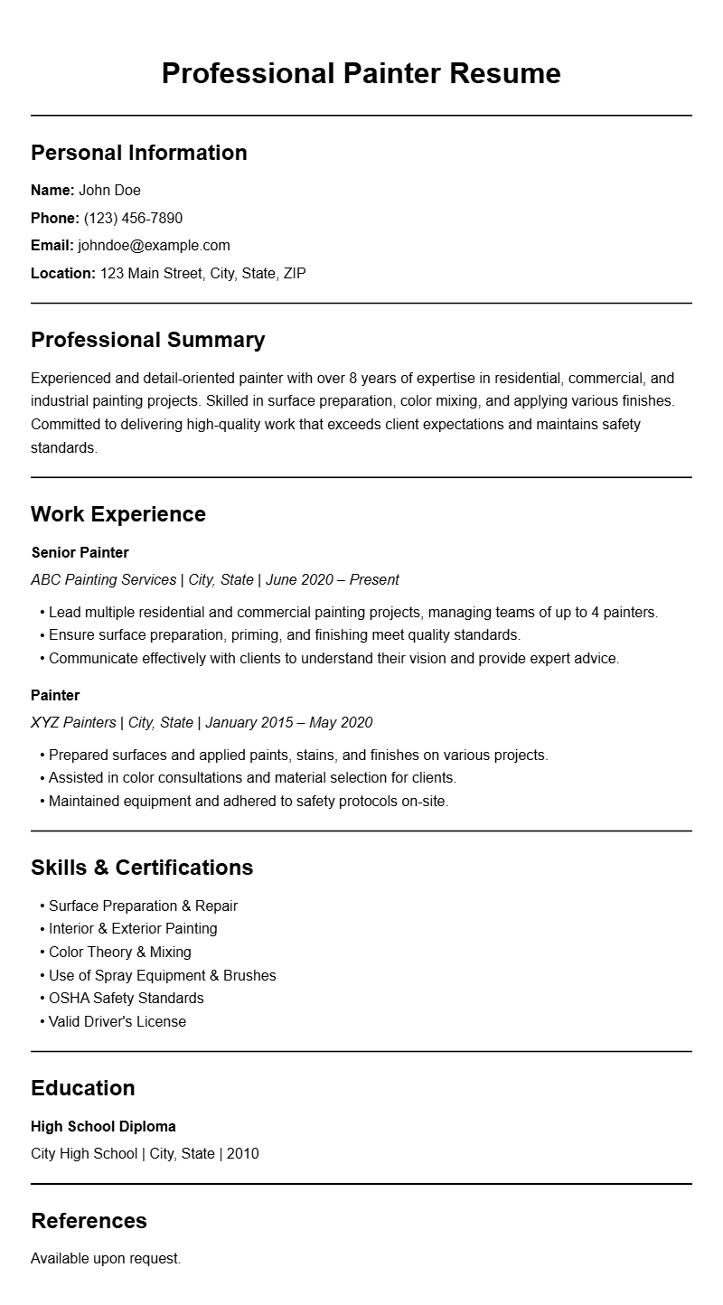 Painter Resume Samples to Showcase Your Skills and Experience