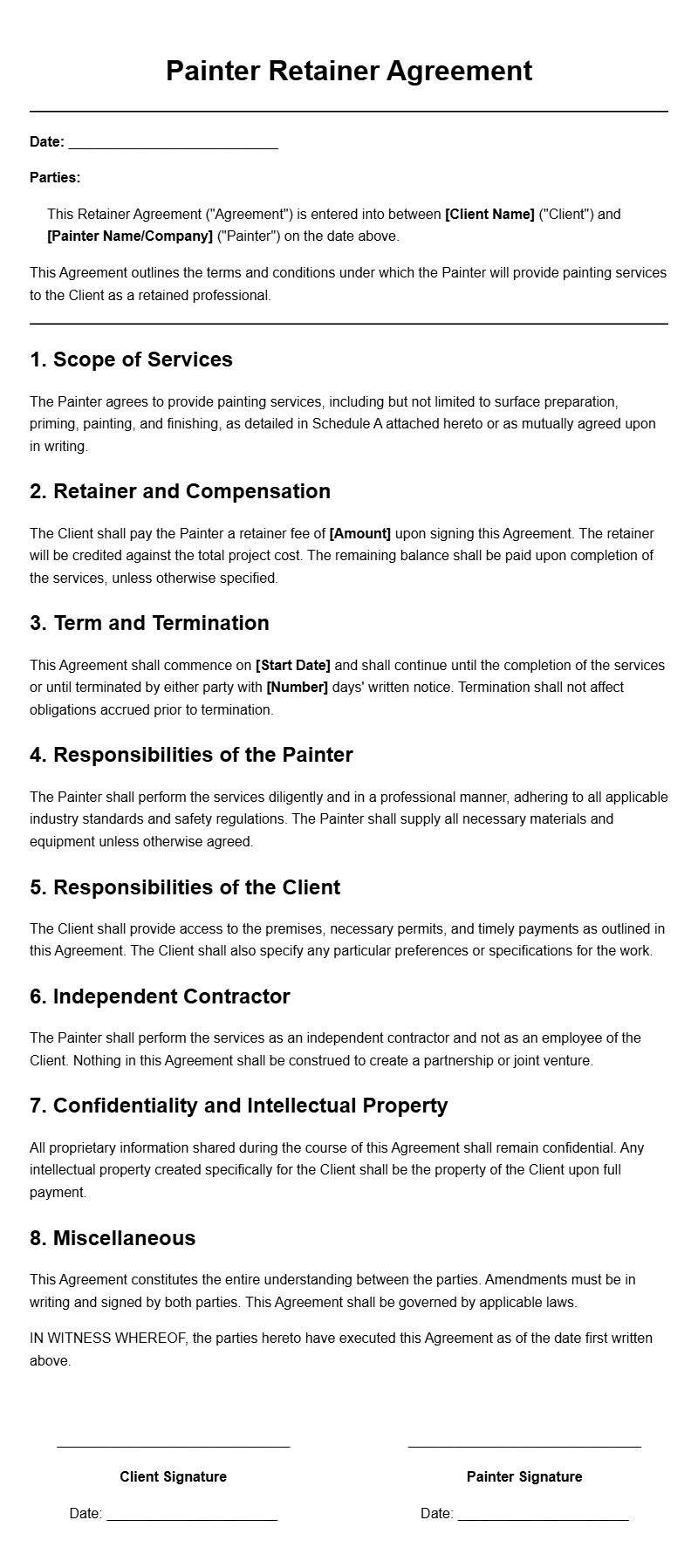 Painter Retainer Agreement Templates for Professionals