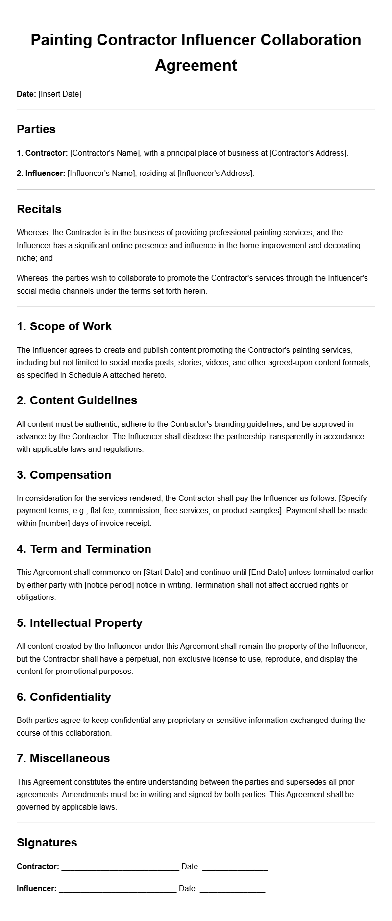Sample Painting Contractor Influencer Collaboration Agreement Templates