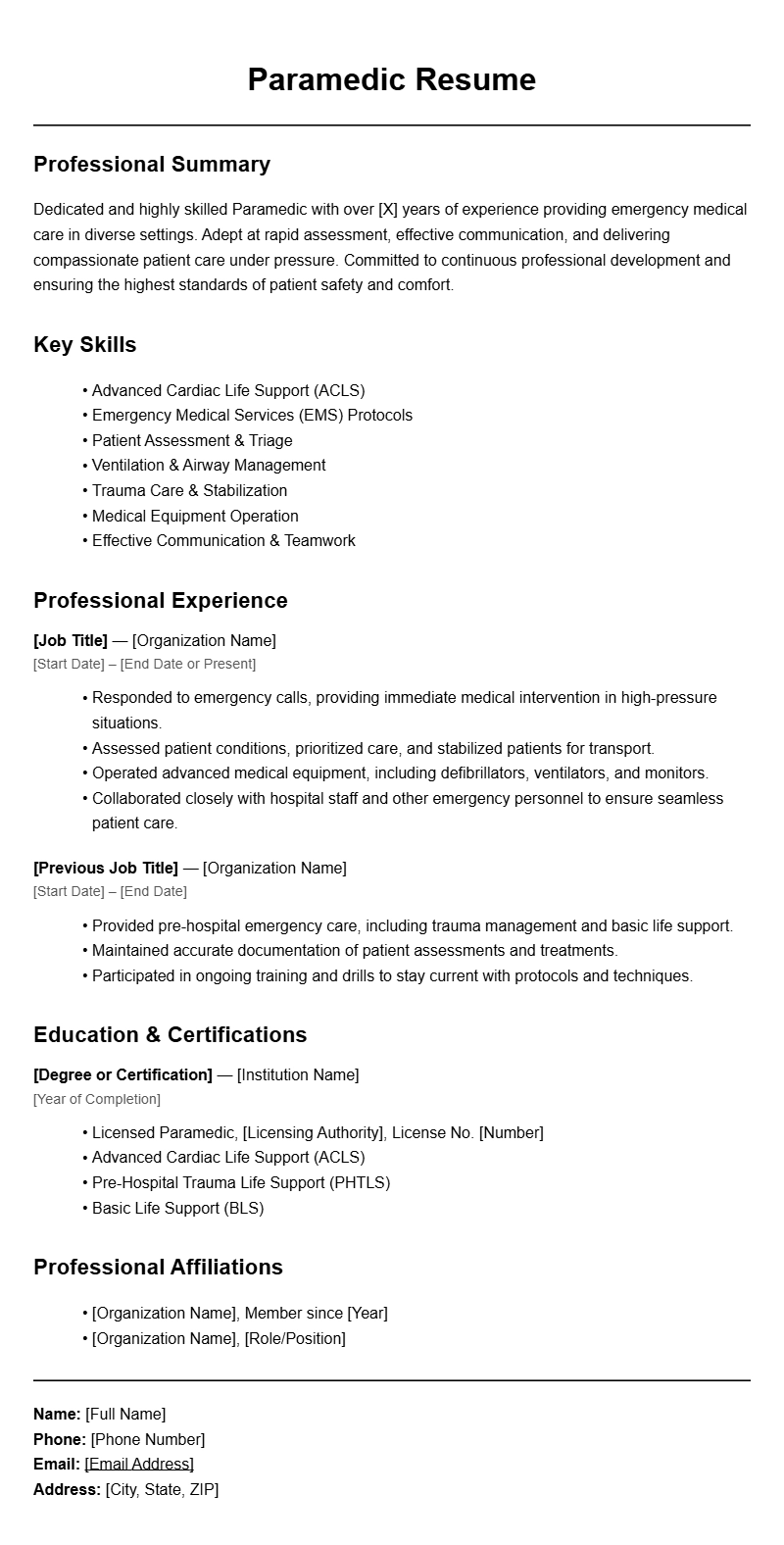 Professional Paramedic Resume Templates for Your Job Search