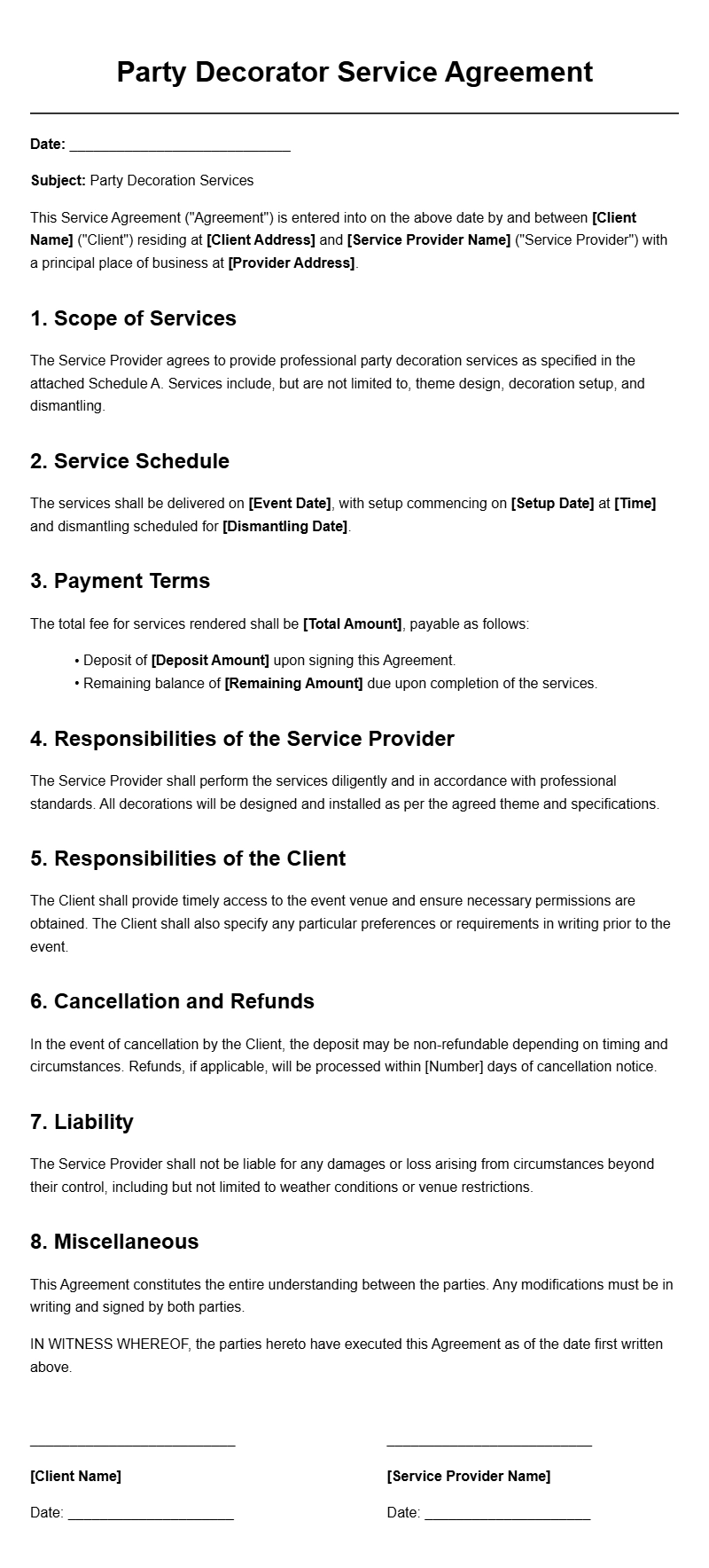 Party Decorator Service Agreement Templates for Smooth Planning