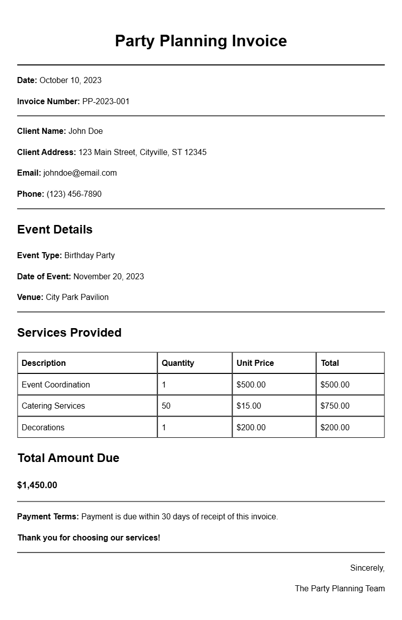 Party Planner Invoice Samples for Your Business Needs